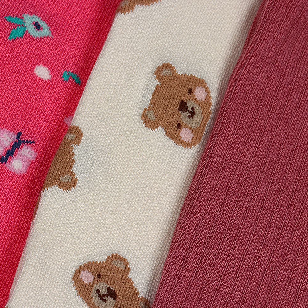 3 Pk Girls' Soft Cotton Printed & Ribbed Tights Combo Pack