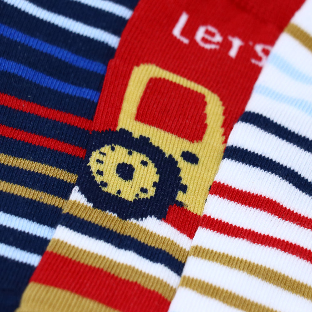 3 Pk Boys’ Striped Crew Length Socks With Fun Vehicle Design