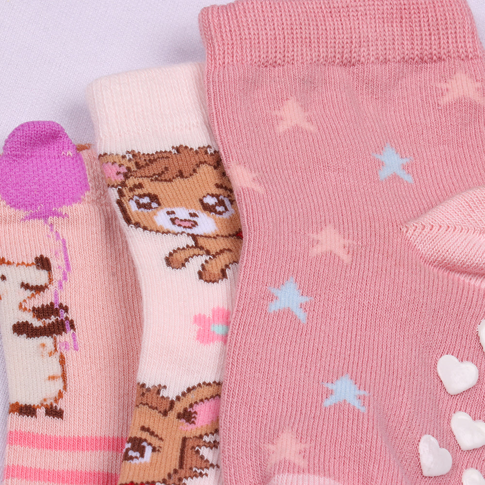 3 Pk Girls Cute Animal Crew Socks – Soft Anti-Slip Cotton Socks For Toddlers & Kids