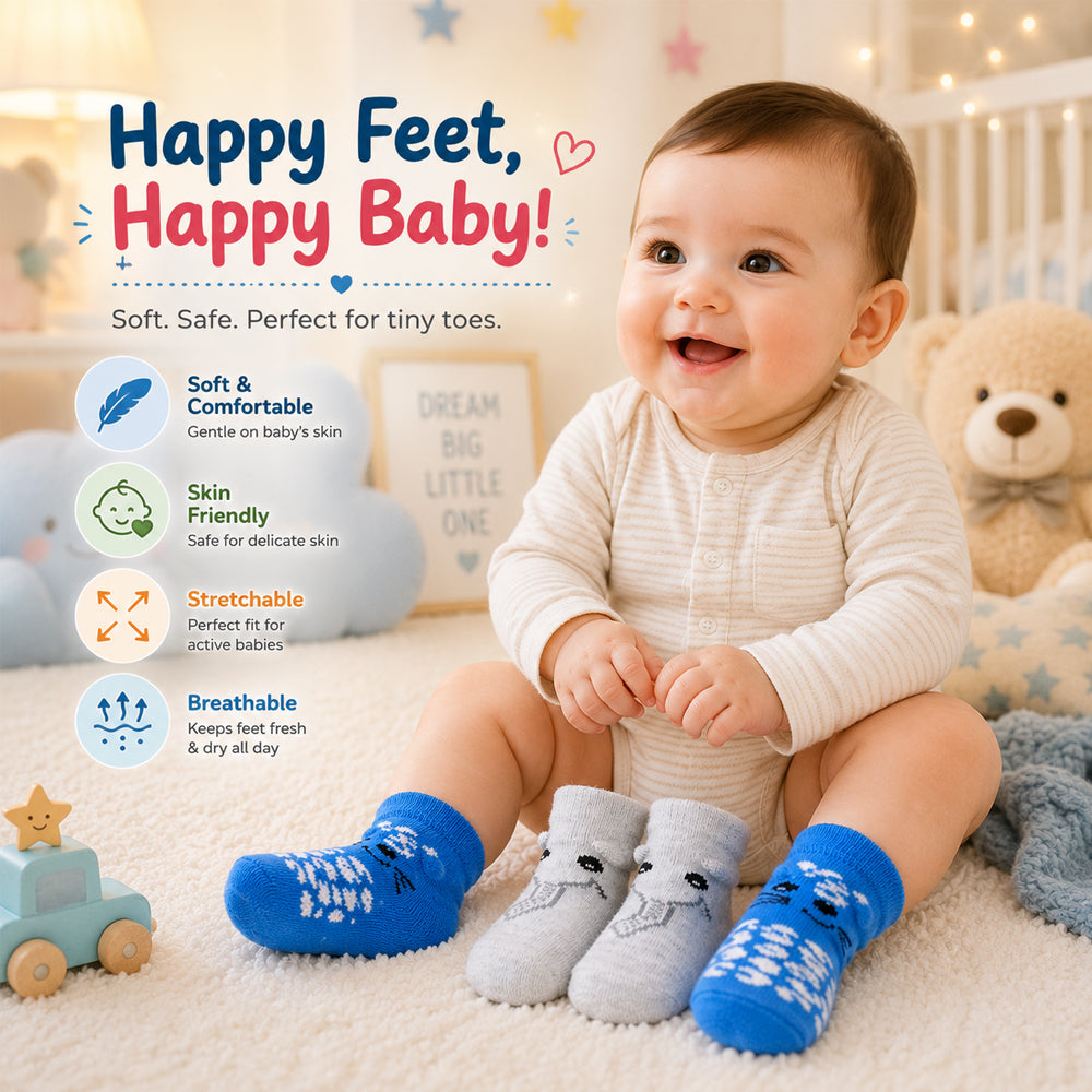 3 Pk Kids Cartoon Cotton Grip Socks Soft, Breathable & Non-Slip
