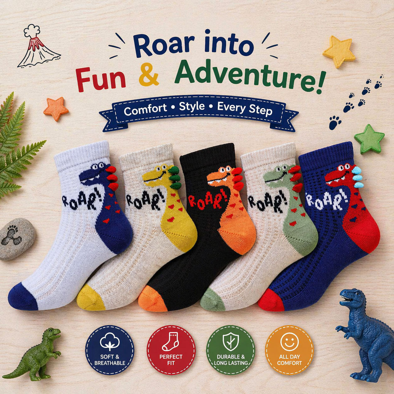5 Pk Kids Dino Roar Kids Crew Socks