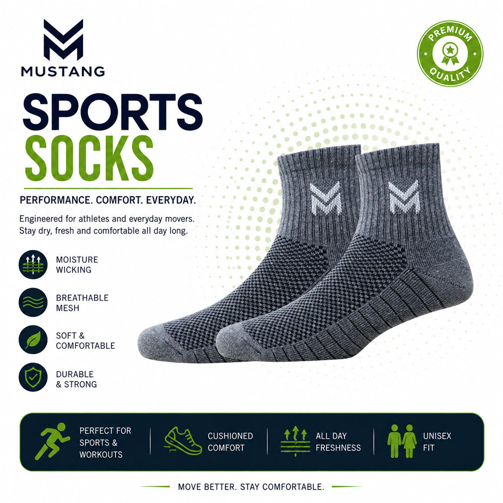 1 Pk Mustang Men’s Sports Socks – Grey & Black Textured Athletic Socks