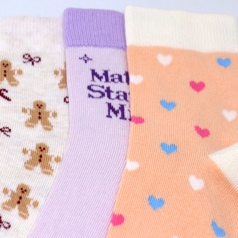 3 Pk Girls Cute Teddy Bear & Heart Print Crew Socks