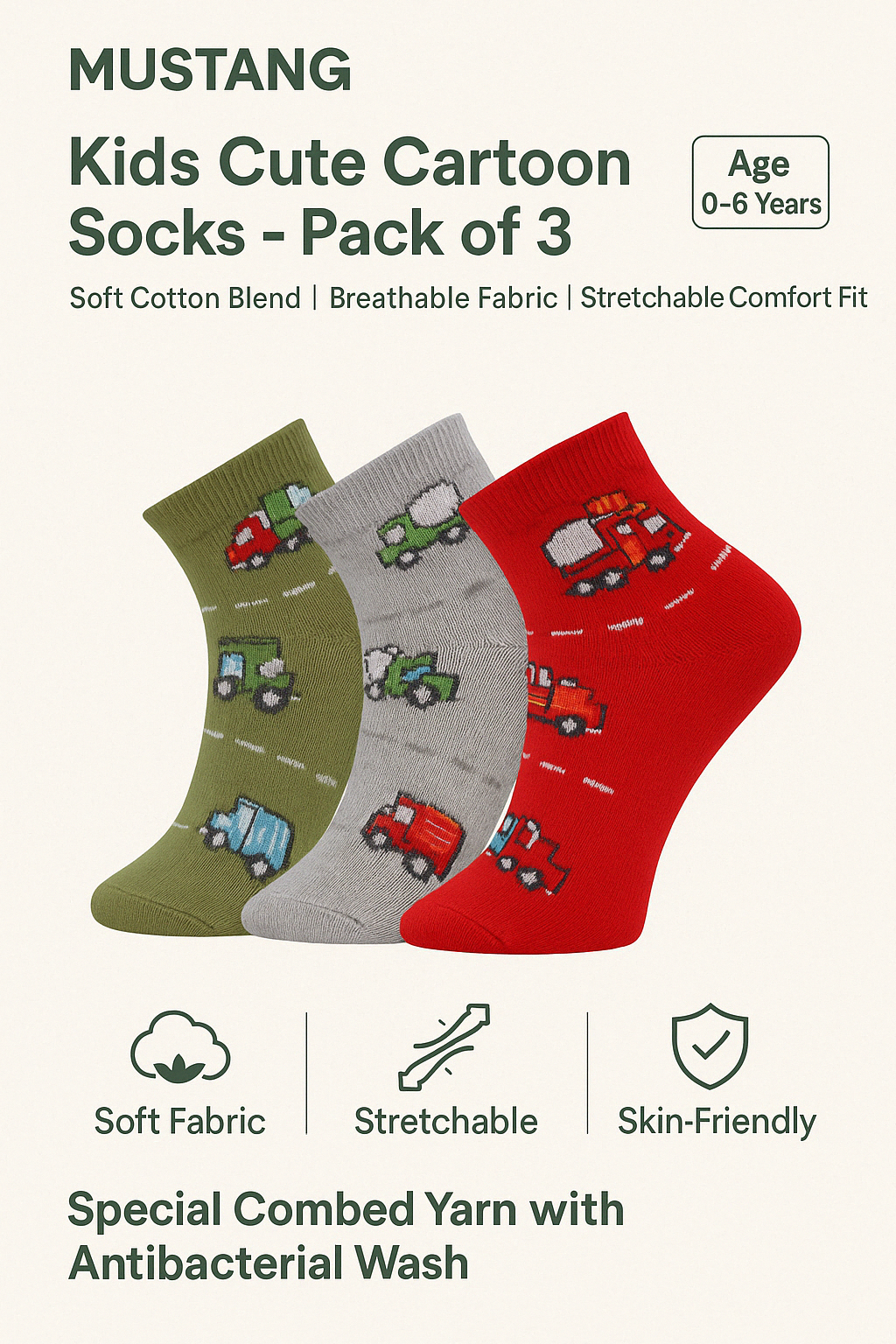 3 Pk Mustang Kids Vehicle Print Socks