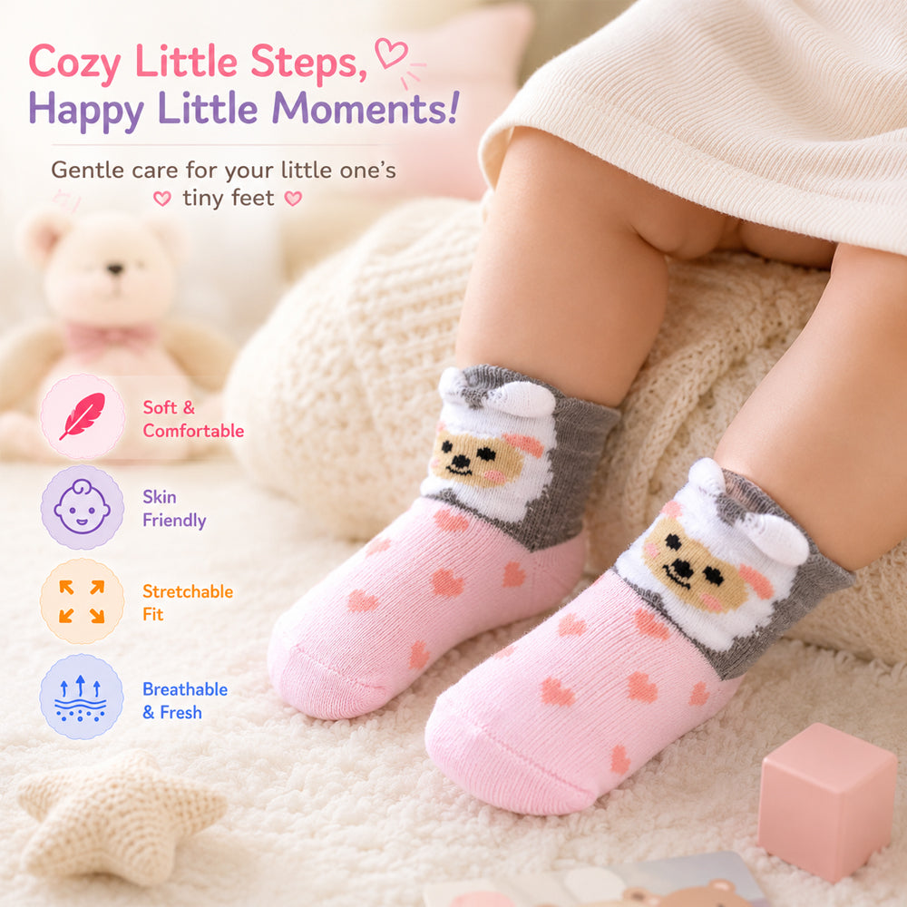 3 Pk Infant Cotton Terry Socks Cute Puppy, Bear & Kitty Designs Comfortable Baby Socks