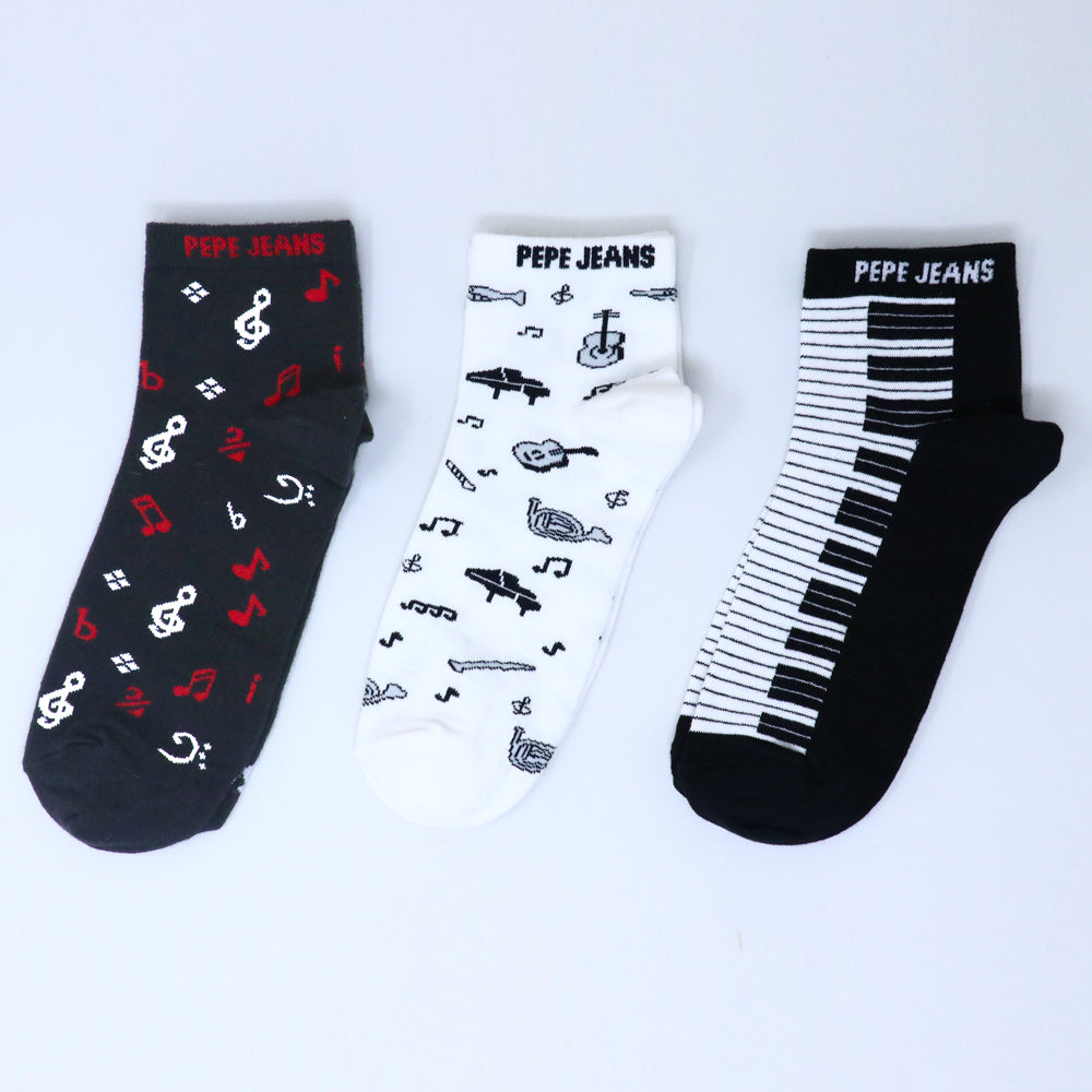 3 Pk Mustang Pepe Jeans Men’s Music Printed Ankle Socks
