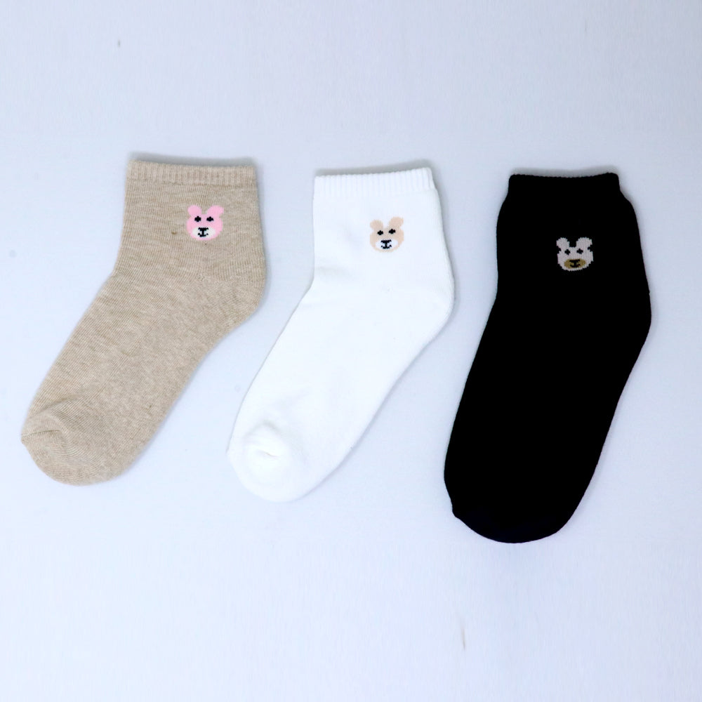 3 Pk Kids Cute Bear Design Cotton Rich Ankle Socks