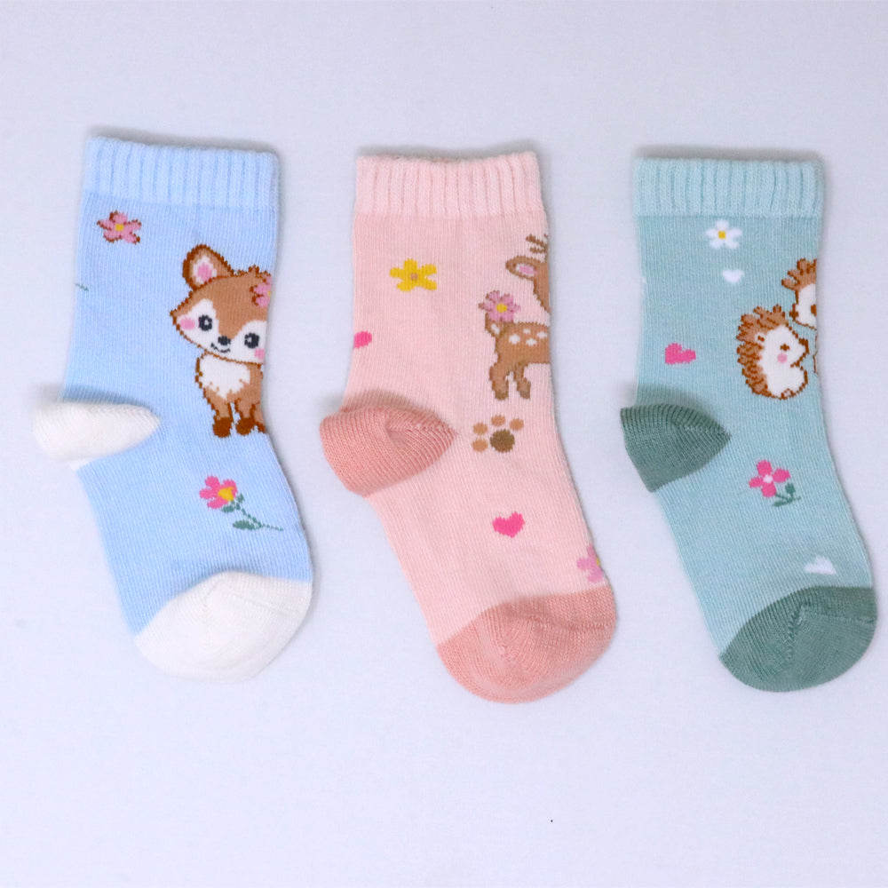 3 Pk Girls’ Woodland Friends Crew Socks – Cute Deer & Forest Animal Printed Socks