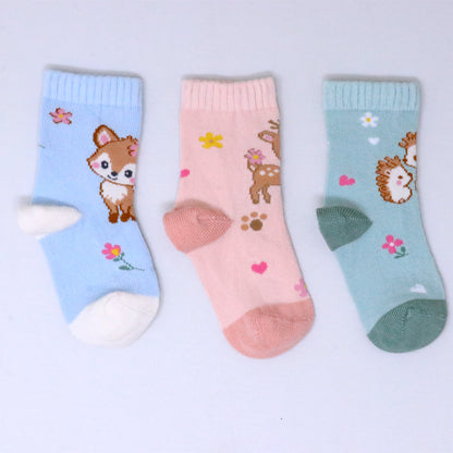 3 Pk Girls’ Woodland Friends Crew Socks – Cute Deer & Forest Animal Printed Socks