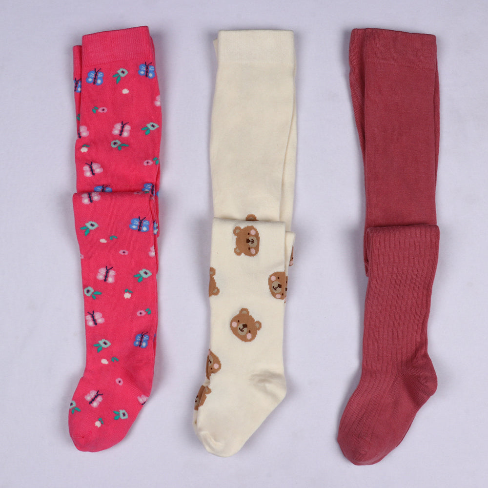 3 Pk Girls' Soft Cotton Printed & Ribbed Tights Combo Pack