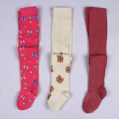 3 Pk Girls' Soft Cotton Printed & Ribbed Tights Combo Pack