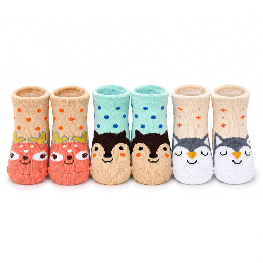 3 Pk Cute Animal Face Baby Socks – Deer, Penguin & Owl Design