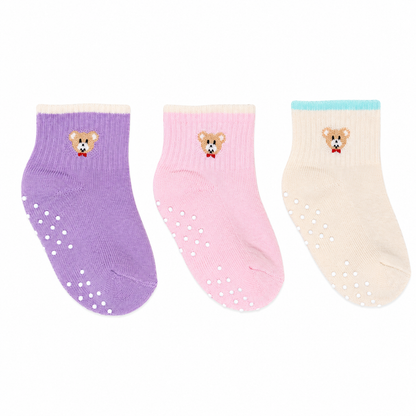 3 Pk Mustang Kids Soft Cotton Blend Bear Socks With Anti-Skid Sole