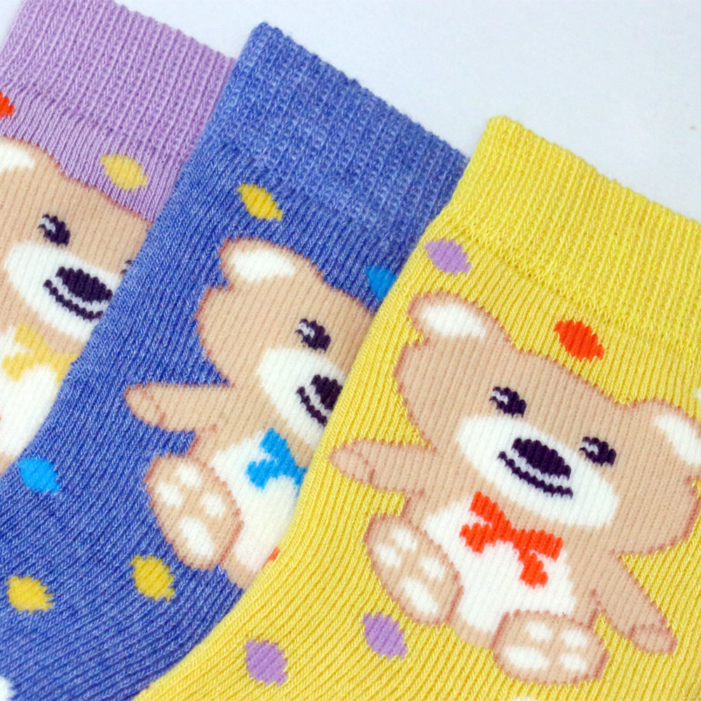 3 Pk Kids Cute Teddy Bear Crew Socks – Soft, Comfortable & Colorful Character Socks