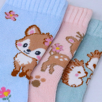 3 Pk Girls’ Woodland Friends Crew Socks – Cute Deer & Forest Animal Printed Socks