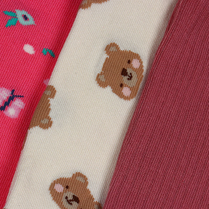 3 Pk Girls' Soft Cotton Printed & Ribbed Tights Combo Pack