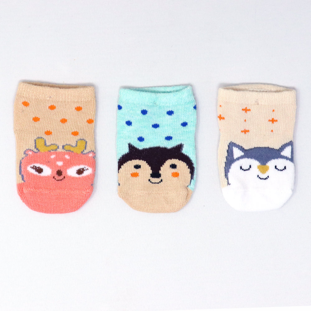 3 Pk Cute Animal Face Baby Socks – Deer, Penguin & Owl Design