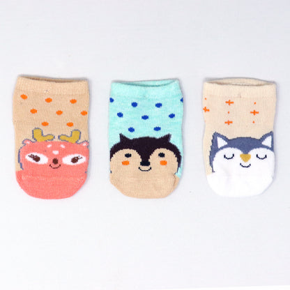 3 Pk Cute Animal Face Baby Socks – Deer, Penguin & Owl Design
