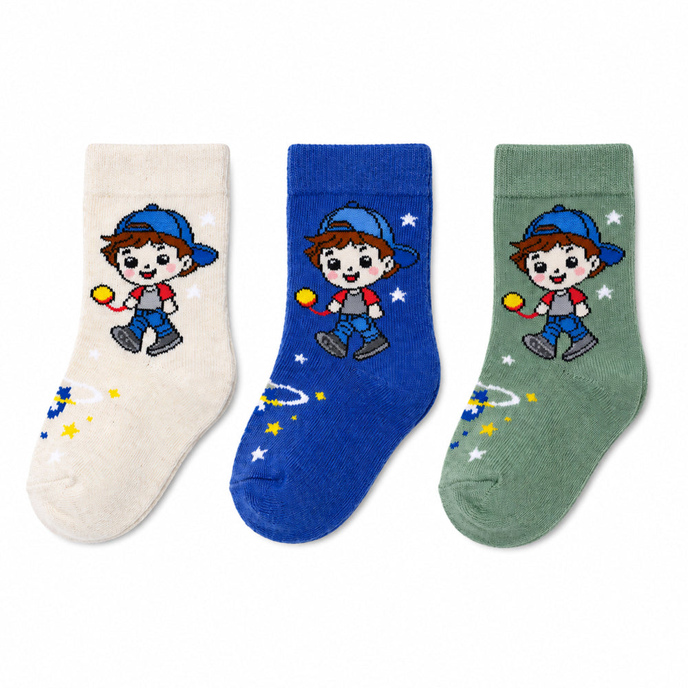 3 Pk Kids’ Cartoon Character Crew-Length Socks – Fun Printed Socks With Star