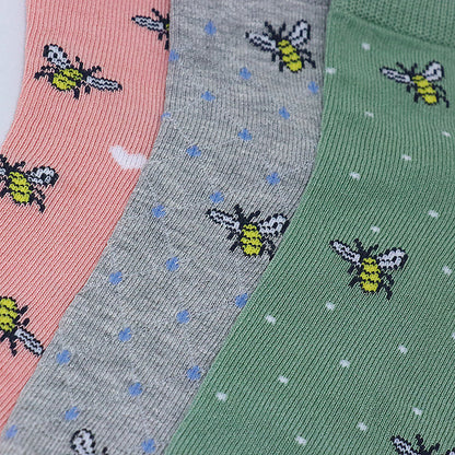 3 Pk Girls’ Cute Bee Printed Crew Socks – Soft & Comfortable Cotton Socks