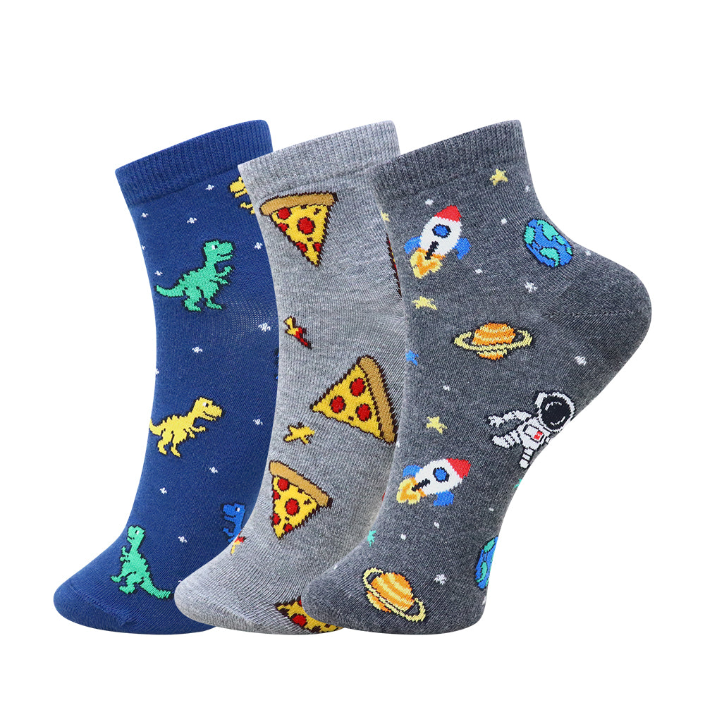 3 Pk Boys’ Fun Printed Crew Socks – Dinosaur, Pizza & Space Design