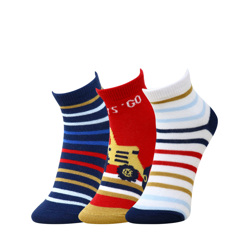 3 Pk Boys’ Striped Crew Length Socks With Fun Vehicle Design