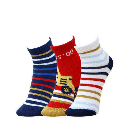 3 Pk Boys’ Striped Crew Length Socks With Fun Vehicle Design