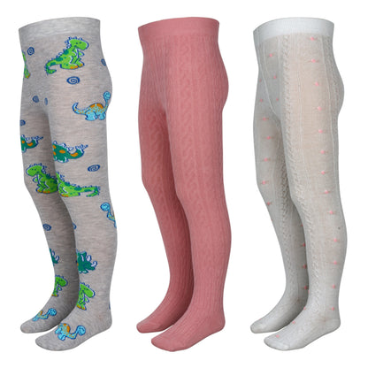 3 Pk Girls' Premium Cotton Cable Knit & Printed Tights Combo Pack