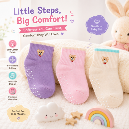 3 Pk Mustang Kids Soft Cotton Blend Bear Socks With Anti-Skid Sole