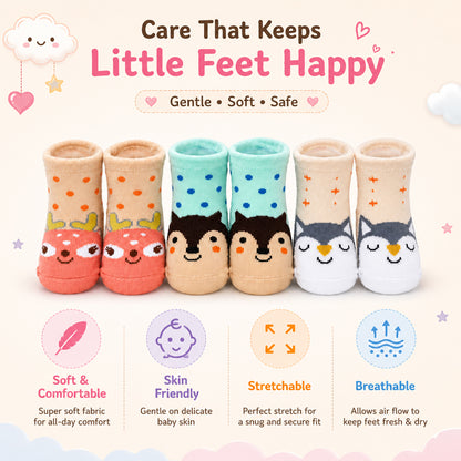 3 Pk Cute Animal Face Baby Socks – Deer, Penguin & Owl Design