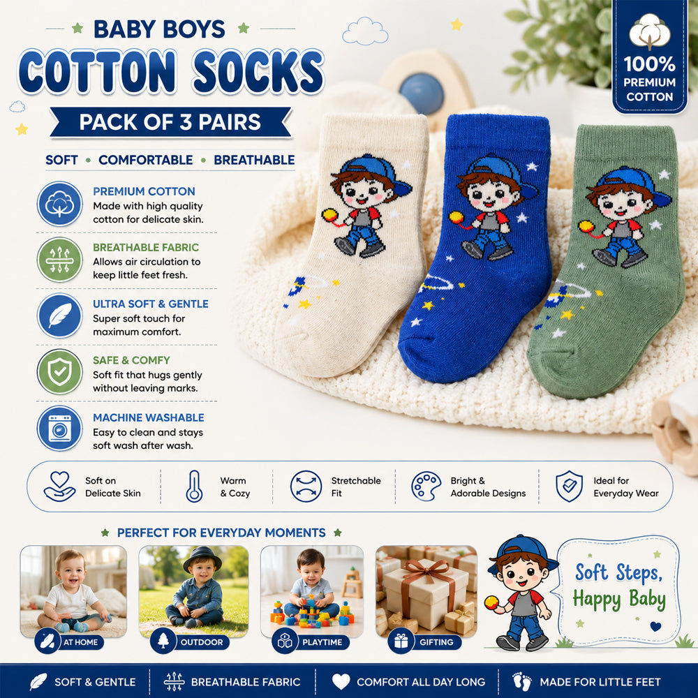 3 Pk Kids’ Cartoon Character Crew-Length Socks – Fun Printed Socks With Star
