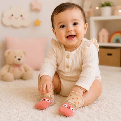 3 Pk Cute Animal Face Baby Socks – Deer, Penguin & Owl Design