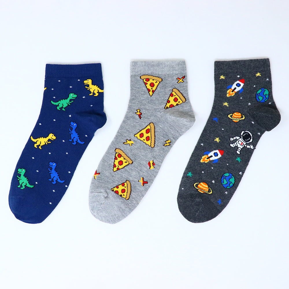 3 Pk Boys’ Fun Printed Crew Socks – Dinosaur, Pizza & Space Design