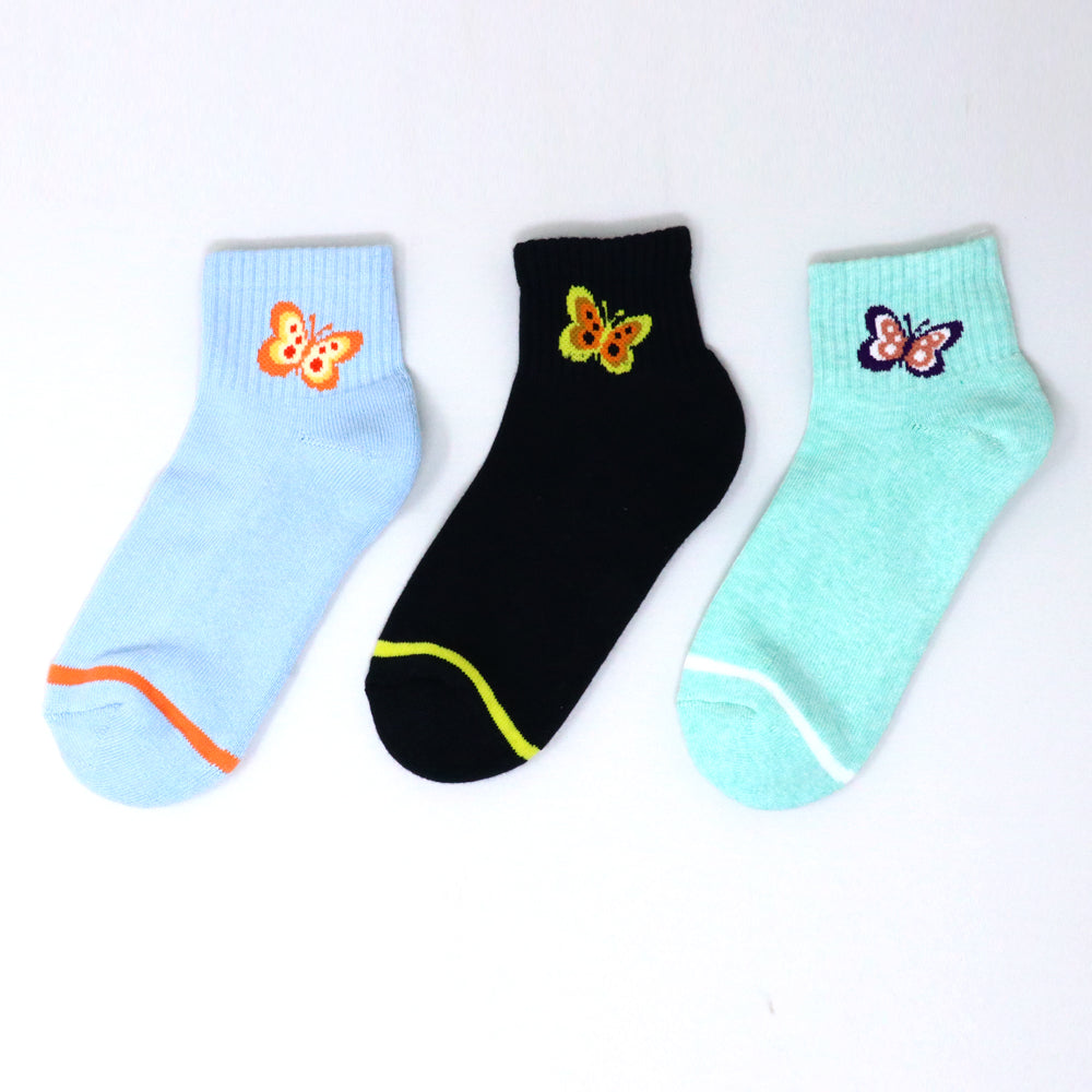 3 Pk Girls Butterfly Design Ankle Socks