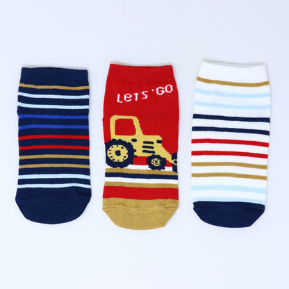 3 Pk Boys’ Striped Crew Length Socks With Fun Vehicle Design