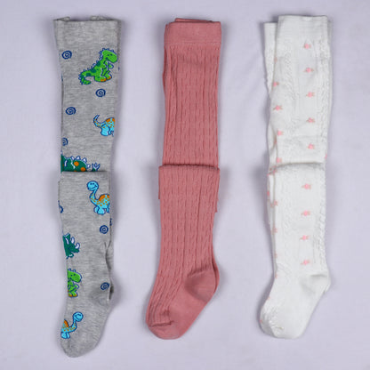 3 Pk Girls' Premium Cotton Cable Knit & Printed Tights Combo Pack