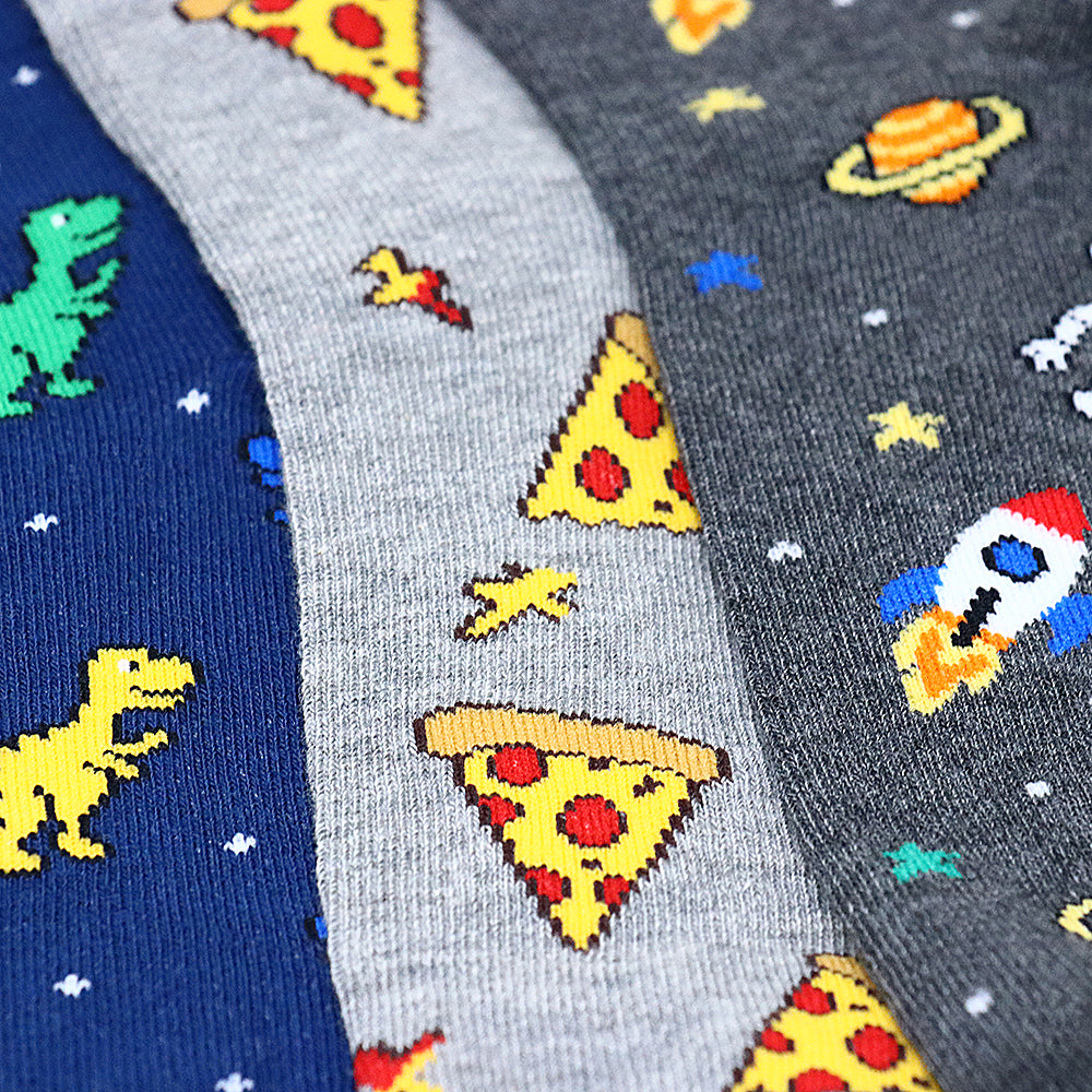 3 Pk Boys’ Fun Printed Crew Socks – Dinosaur, Pizza & Space Design