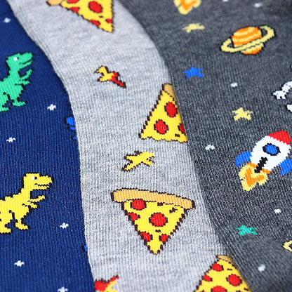 3 Pk Boys’ Fun Printed Crew Socks – Dinosaur, Pizza & Space Design