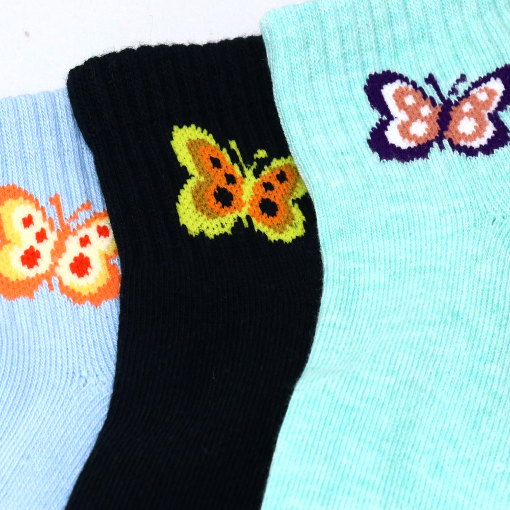3 Pk Girls Butterfly Design Ankle Socks
