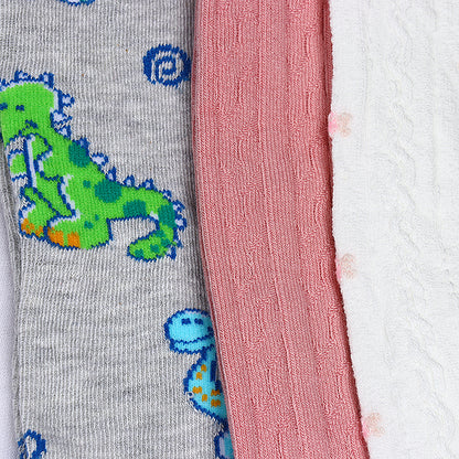 3 Pk Girls' Premium Cotton Cable Knit & Printed Tights Combo Pack