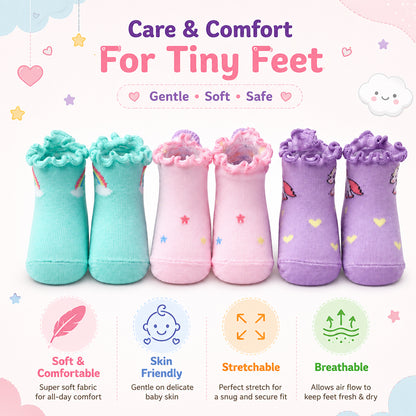 3 Pk Toddler Frill Edge Cotton Socks  Soft & Comfortable Baby Girl Socks