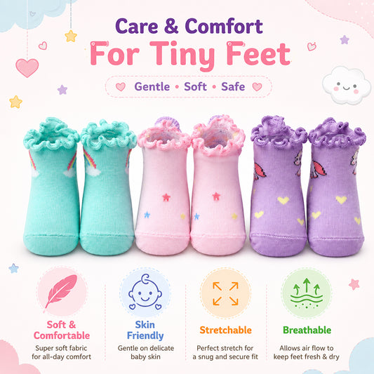 3 Pk Toddler Frill Edge Cotton Socks  Soft & Comfortable Baby Girl Socks