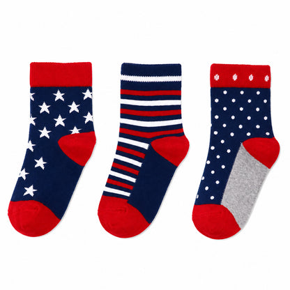 3 Pk Kids’ Star & Stripe Crew-Length Socks – Fun Printed Casual Socks