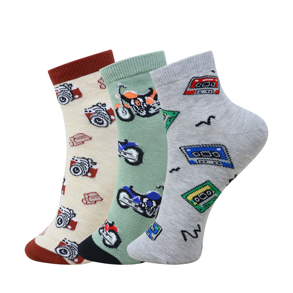 3 Pk Boys’ Fun Printed Crew Socks – Motorcycle & Retro Music Design