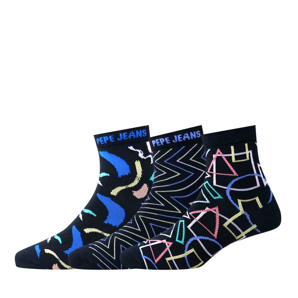 3 Pk Men’s Short Length Cotton Blend Socks – Multicolour Geometric & Abstract Design