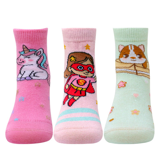 3 Pk Girls’ Unicorn, Superhero & Cute Cat Crew Socks – Fun Character Printed Socks