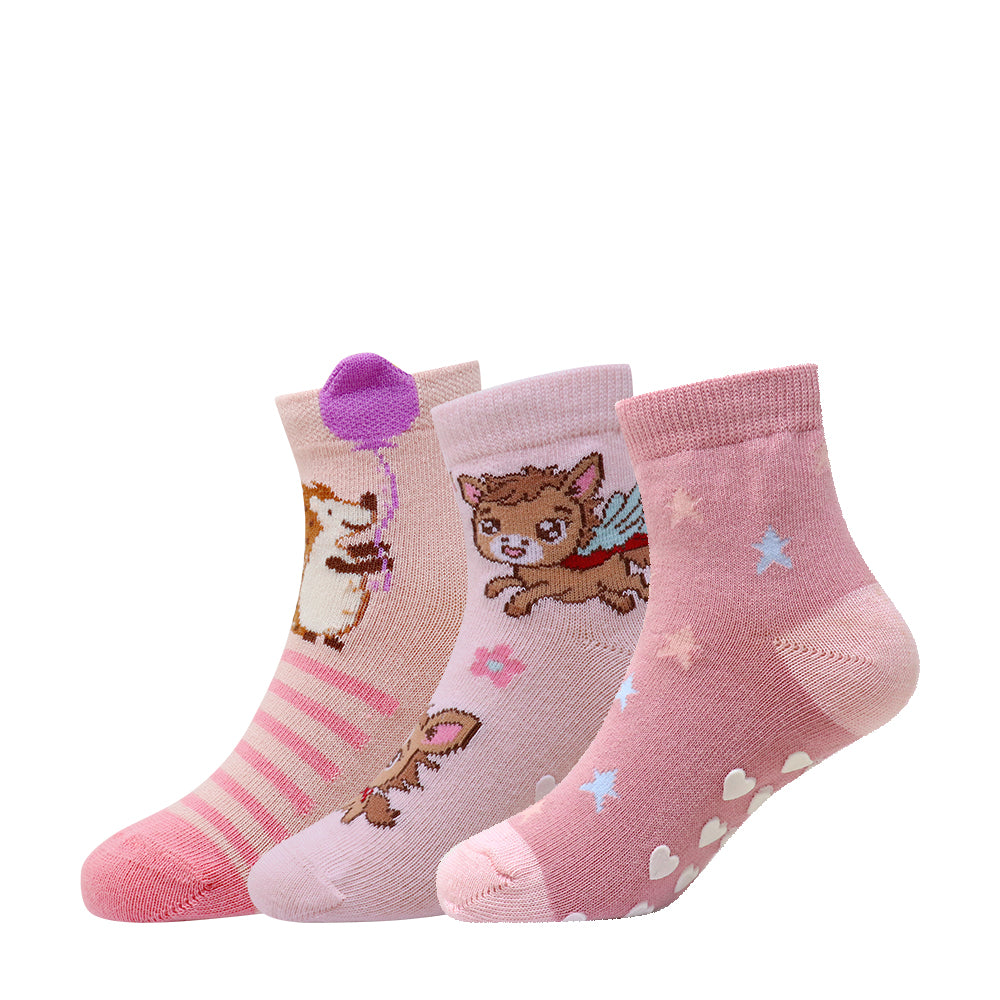 3 Pk Girls Cute Animal Crew Socks – Soft Anti-Slip Cotton Socks For Toddlers & Kids