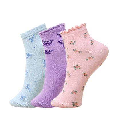 3 Pk Girls’ Frill Ankle Socks With Floral And Butterfly Prints