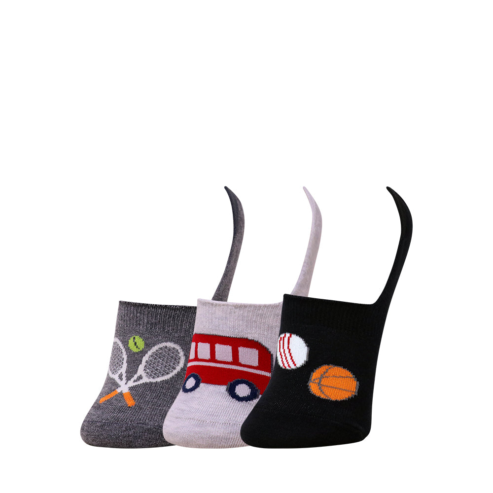3 Pk Kids Sports & Vehicle No Show Socks