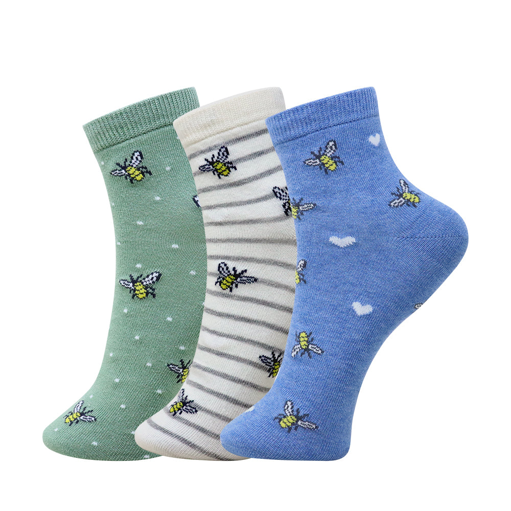 3 Pk Girls’ Cute Printed Crew Socks – Bee & Heart Pattern